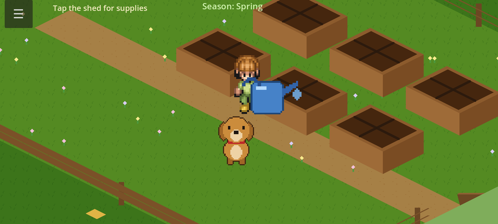 Garden Explorer on the Star Learner kiosk — current farm layout with raised beds, watering can, and companion dog