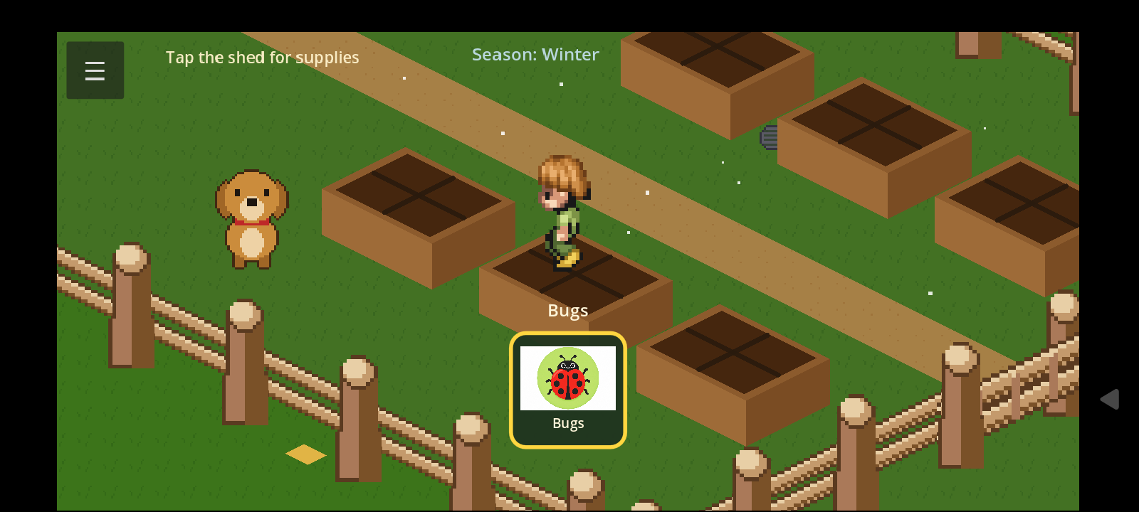 Six raised beds with a Bugs knowledge card over one bed