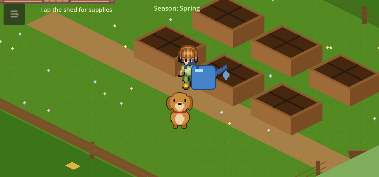 Current farm layout: raised beds, watering can, companion dog, Season Spring