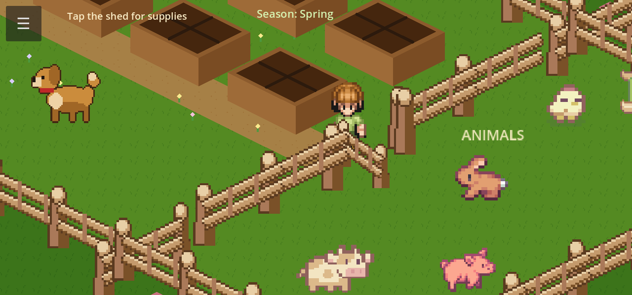 Spring farm with open fence, animals, and empty raised beds