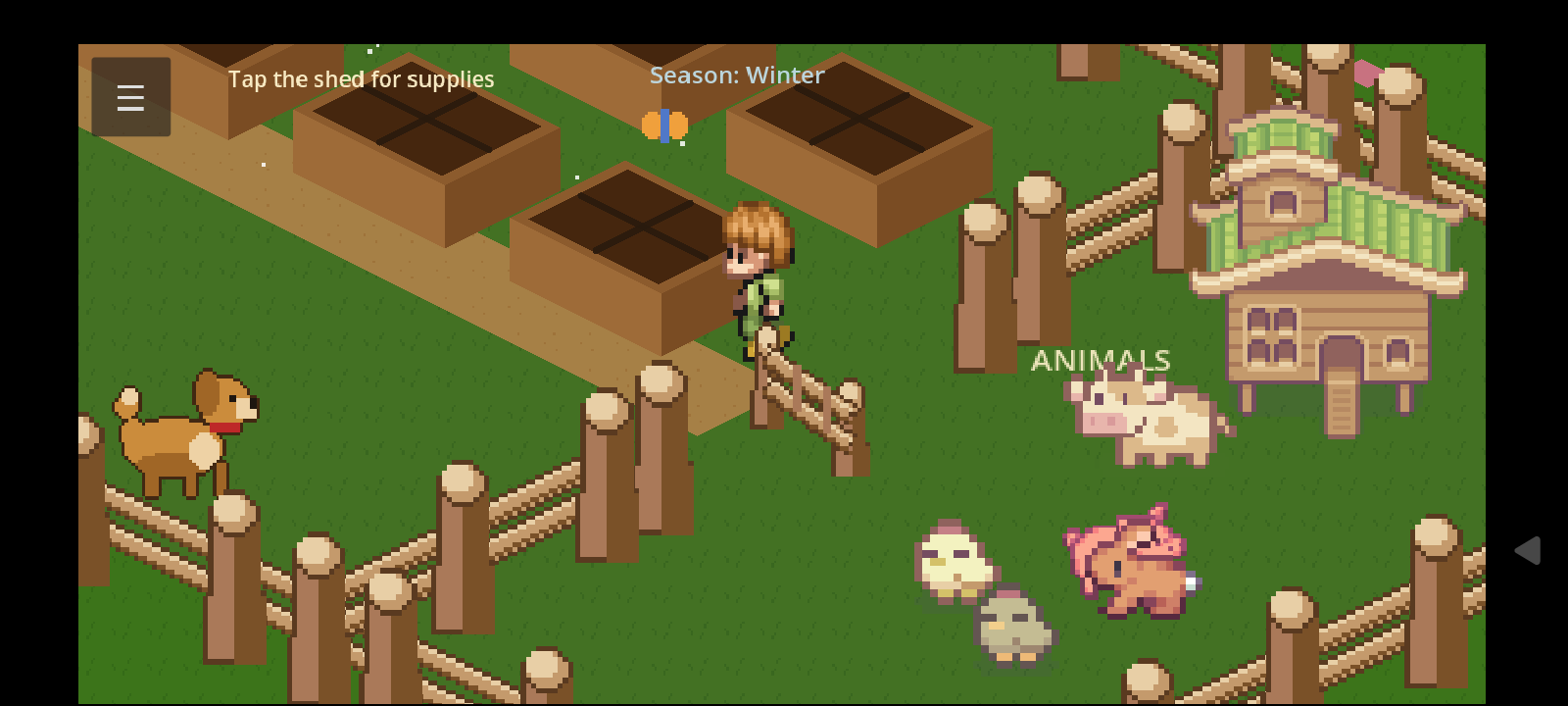 Animal pen with cow, pig, chicks, and garden beds beyond an open gate