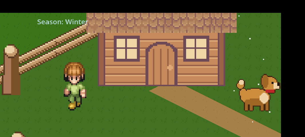 Wooden shed with the gardener and dog nearby in winter snow