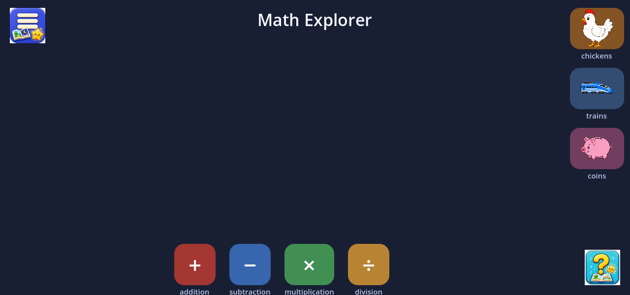 Math Explorer home with four operation tabs and three story-game tiles