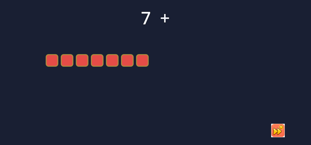 Addition tutorial mid-step showing 7 + with seven red cubes