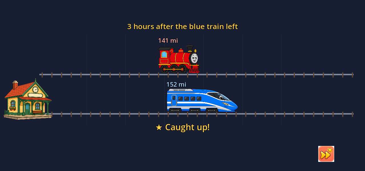 Two trains on parallel tracks after the blue train catches up