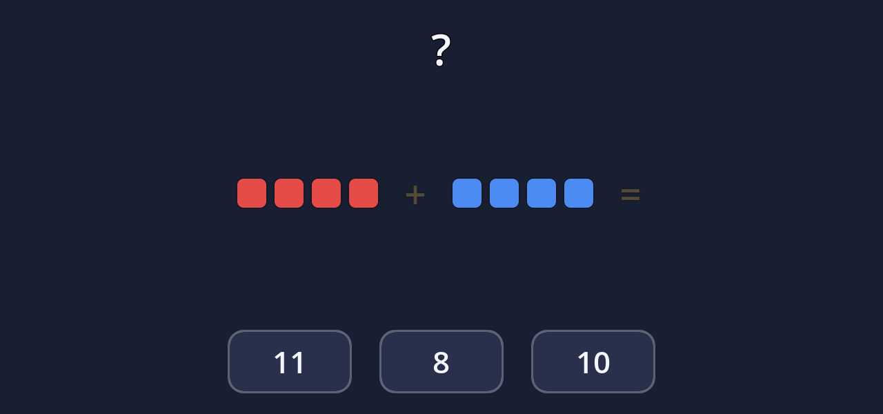 Practice addition with red and blue cube groups and three answer choices
