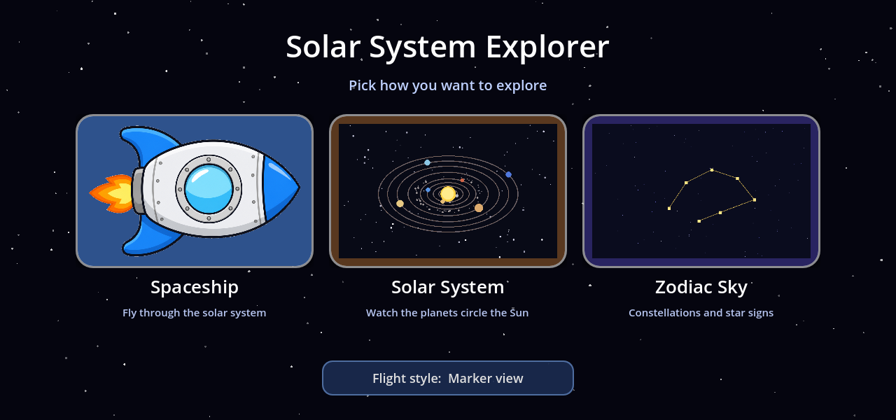 Star-field launch hub with Spaceship and Solar System tiles
