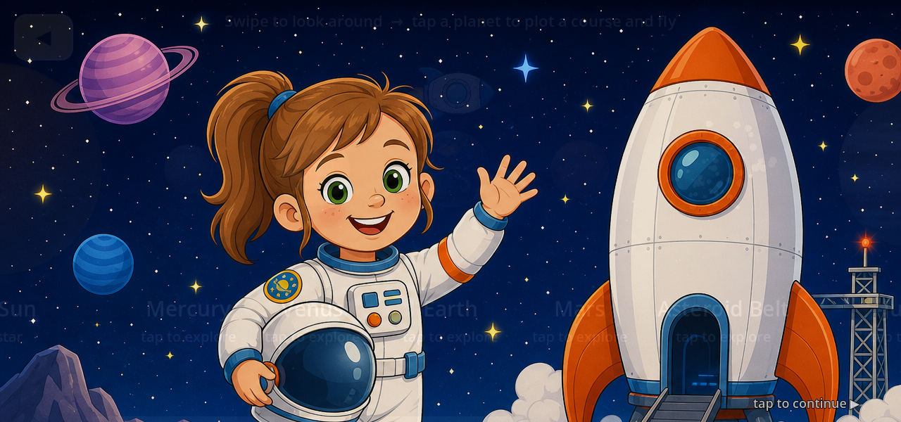 Cartoon astronaut girl briefing in front of a spaceship